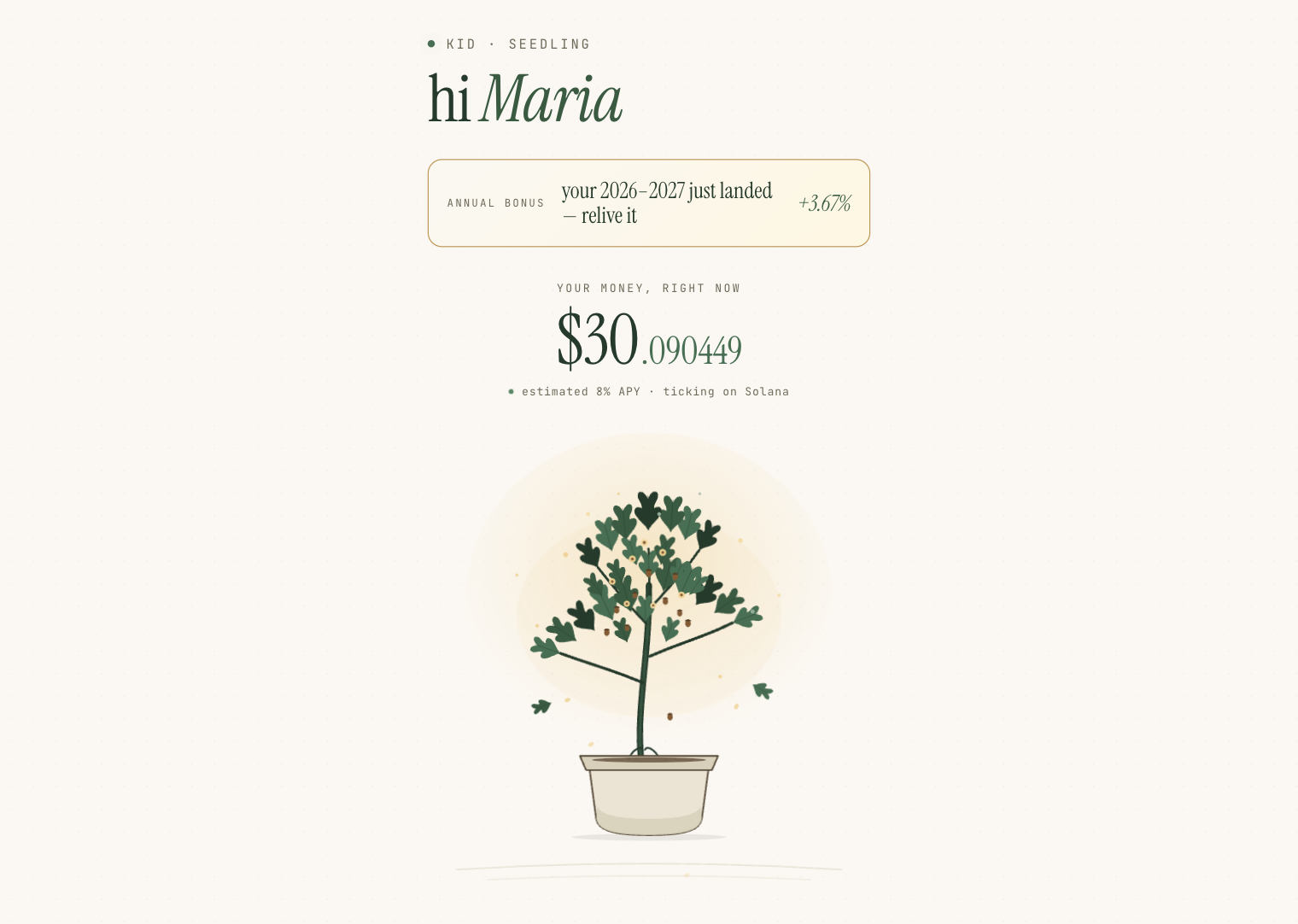 Seedling kid view with a growing tree and live yield ticker